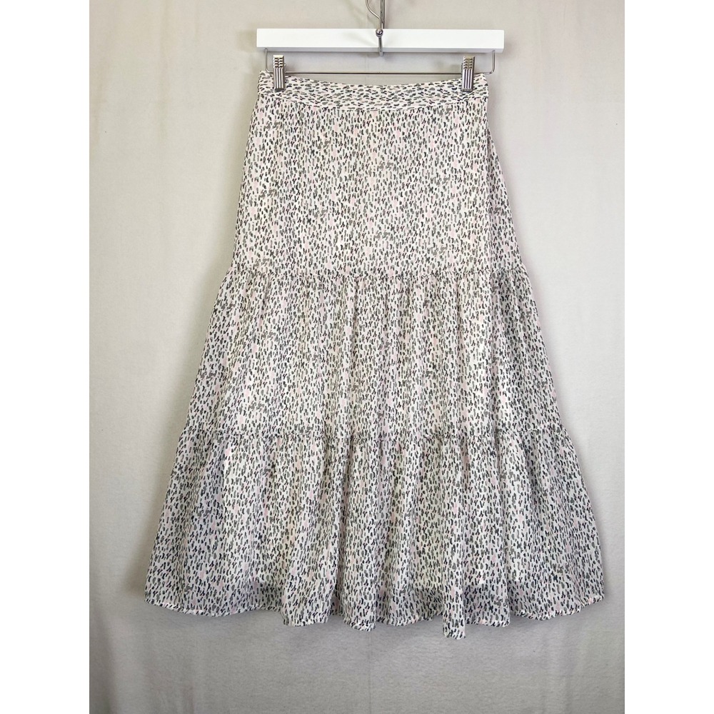 Japna Pink Grey Abstract Chiffon Tiered Midi Skirt Womens Medium Elastic Back